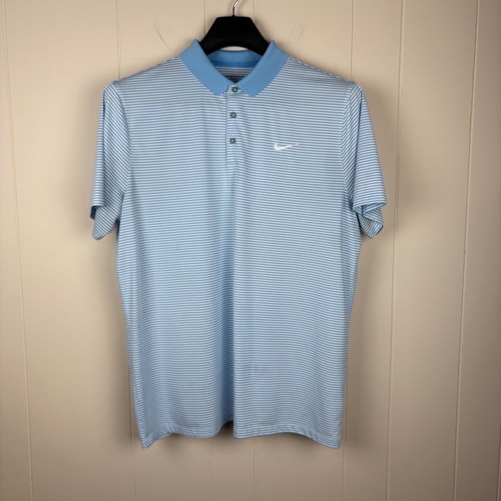 Nike Golf Mens XL Dri-FIT Standard Fit Striped Polo Shirt Light Blue White
